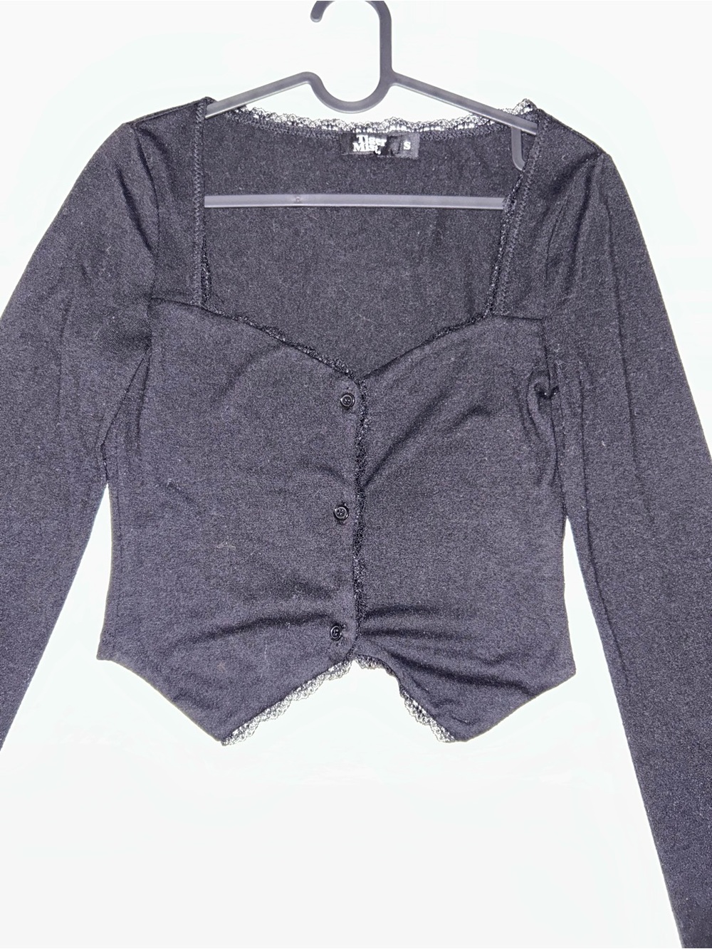 Tiger Mist Black Long Sleeve Lace Trim Button Front Top
